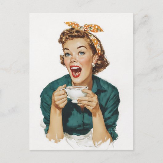 Cheerful Retro Woman Enjoying Coffee ポストカード (正面)
