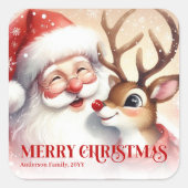 Cheerful Santa and Rudolph Custom Christmas Label スクエアシール (正面)