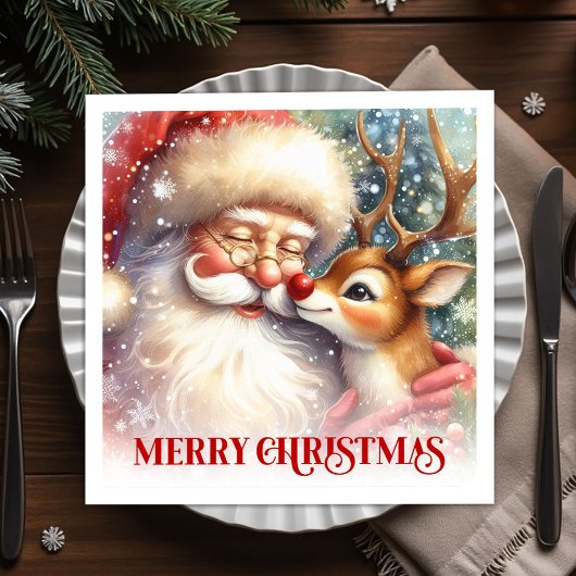 Cheerful Santa Rudolph Christmas Table Napkins スタンダードカクテルナプキン