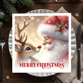 Cheerful Santa Rudolph Holiday Dinner Napkins Xmas スタンダードカクテルナプキン