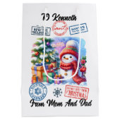 Cheerful Santa Sack With Holiday Snowman ミディアムペーパーバッグ (裏面)