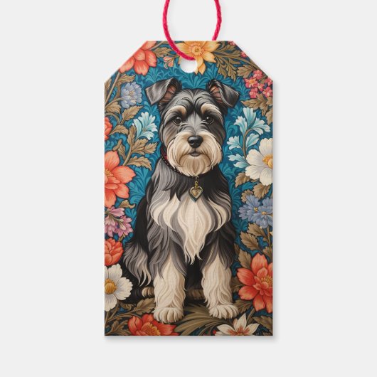 Cheerful Schnauzer William Morris Inspired Floral ギフトタグ (正面)