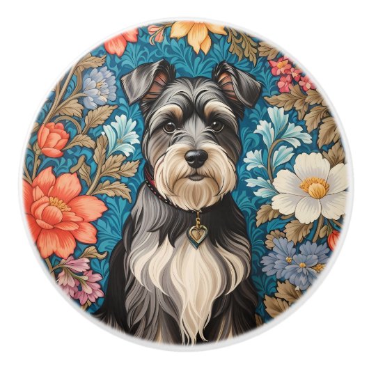 Cheerful Schnauzer William Morris Inspired Floral セラミックノブ (正面)