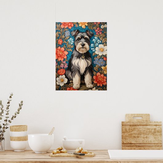 Cheerful Schnauzer William Morris Inspired Floral ポスター (キッチン)
