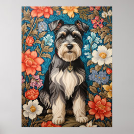 Cheerful Schnauzer William Morris Inspired Floral ポスター