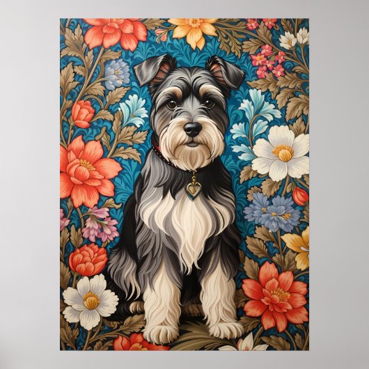 Cheerful Schnauzer William Morris Inspired Floral ポスター (正面)