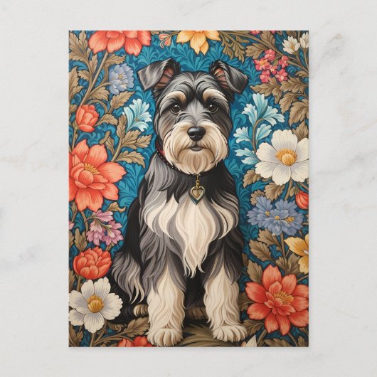Cheerful Schnauzer William Morris Inspired Floral ポストカード (正面)