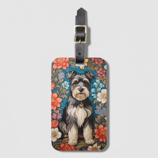 Cheerful Schnauzer William Morris Inspired Floral ラゲッジタグ (正面縦)