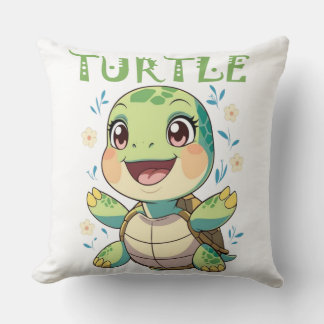 Cheerful Sea Turtle Character with Pastel Flowers クッション