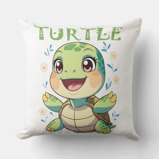 Cheerful Sea Turtle Character with Pastel Flowers クッション (正面)