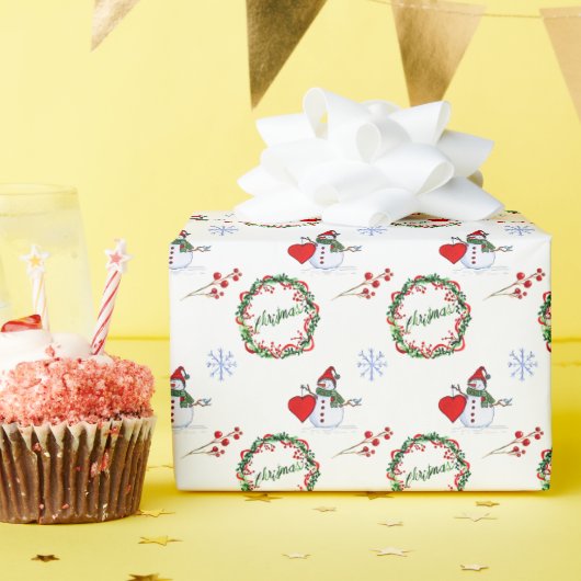 Cheerful snowman and festive wreaths pattern ラッピングペーパー (誕生日パーティー)