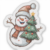 Cheerful Snowman Holding a Festive Christmas Tree シール (正面)