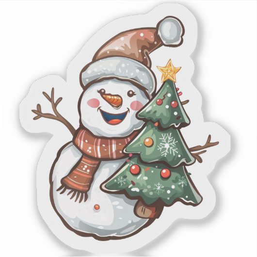 Cheerful Snowman Holding a Festive Christmas Tree シール (正面)