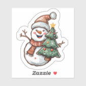 Cheerful Snowman Holding a Festive Christmas Tree シール (シート)