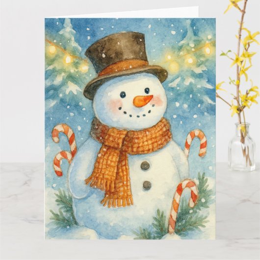 Cheerful Snowman in Pine Forest カード (黄色い花)