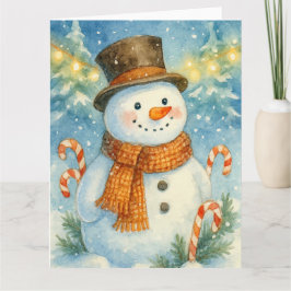 Cheerful Snowman in Pine Forest カード