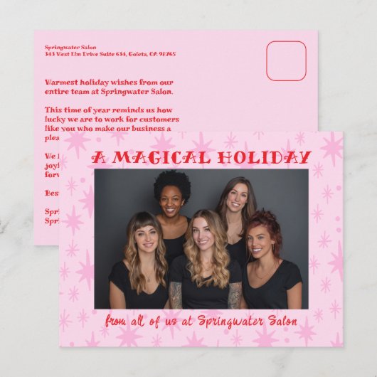 Cheerful Stars Pink Red Christmas Custom Business シーズンポストカード (正面/裏面)