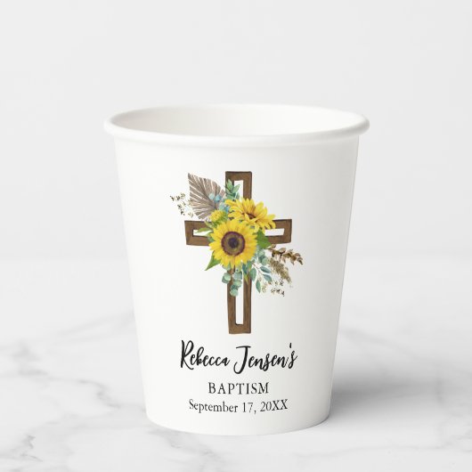 Cheerful Sunflower Rustic Boho Dark Wooden Cross 紙コップ (裏面)