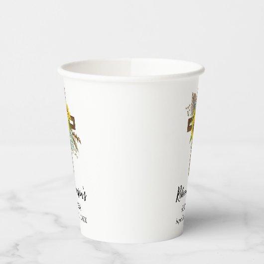 Cheerful Sunflower Rustic Boho Dark Wooden Cross 紙コップ (左)