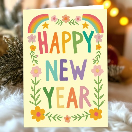 Cheerful Whimsical HAPPY NEW YEAR Handlettering カード