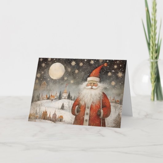 Cheerful Whimsical Santa Claus in a Snowy Village カード (正面)