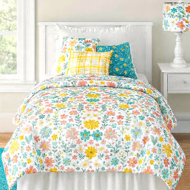 Cheerful Yellow Orange and Blue Floral for Girls  掛け布団カバー