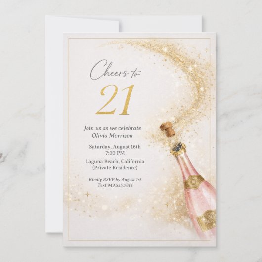 Cheers 21st Birthday Pink Gold Champagne 招待状 (正面)