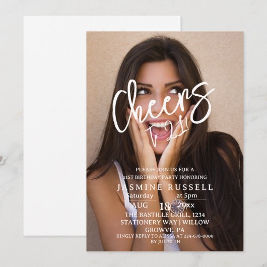 Cheers 21st Modern Photo Birthday For Her 招待状 (正面/裏面)