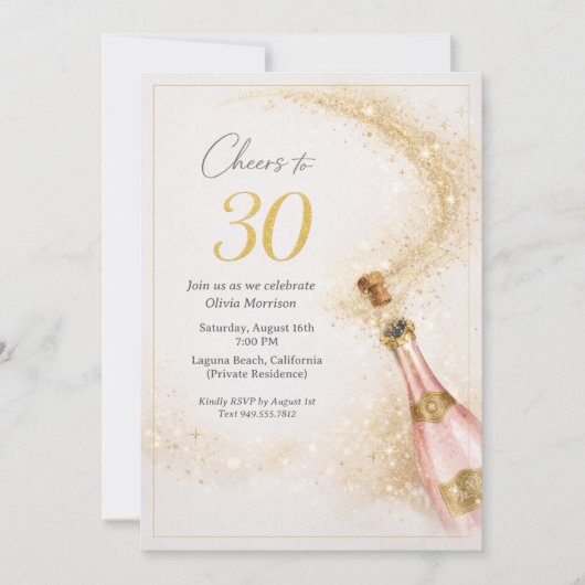 Cheers 30th Birthday Pink Gold Champagne 招待状 (正面)