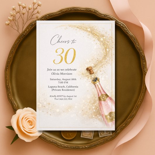 Cheers 30th Birthday Pink Gold Champagne 招待状