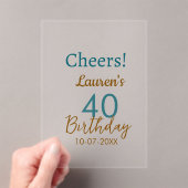 Cheers 40th birthday name date brown turquoise sim アクリル招待状 (インサイチュ (ポータブル))