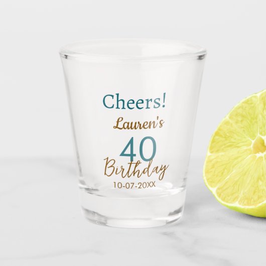 Cheers 40th birthday name date brown turquoise sim ショットグラス (正面)