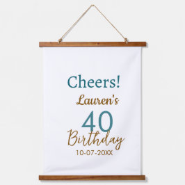 Cheers 40th birthday name date brown turquoise sim 吊り下げ型タペストリー