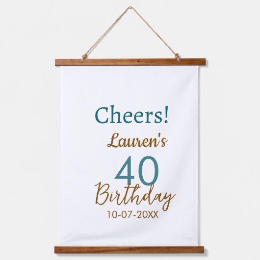 Cheers 40th birthday name date brown turquoise sim 吊り下げ型タペストリー (正面)