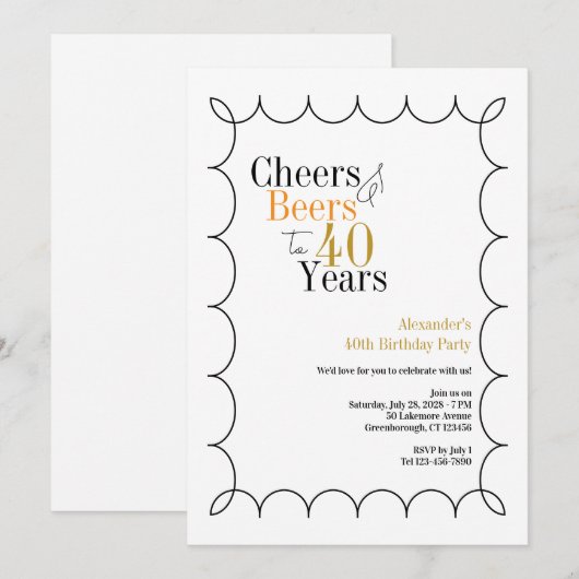 Cheers and Beers 40th バースデーパーティーウェイビーボーダー 招待状 (正面/裏面)
