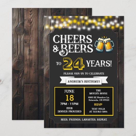 Cheers and Beers to 24 Years Backyard BBQ Birthday 招待状 (正面/裏面)