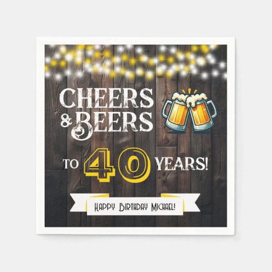 Cheers and Beers to 40 Years Rustic Birthday Party スタンダードカクテルナプキン (正面)