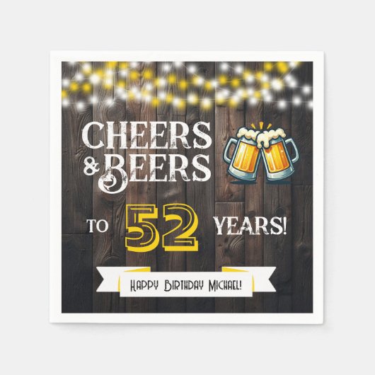 Cheers and Beers to 52 Years Rustic Birthday Party スタンダードカクテルナプキン (正面)