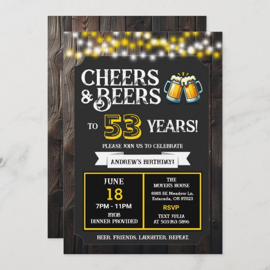 Cheers and Beers to 53 Years Backyard BBQ Birthday 招待状 (正面/裏面)