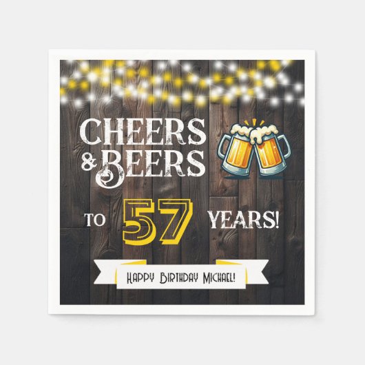 Cheers and Beers to 57 Years Rustic Birthday Party スタンダードカクテルナプキン (正面)