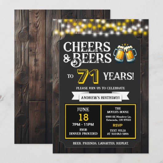 Cheers and Beers to 71 Years Backyard BBQ Birthday 招待状 (正面/裏面)