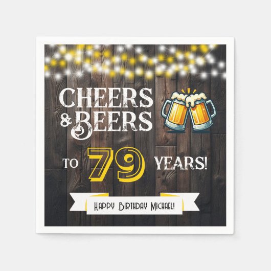 Cheers and Beers to 79 Years Rustic Birthday Party スタンダードカクテルナプキン (正面)