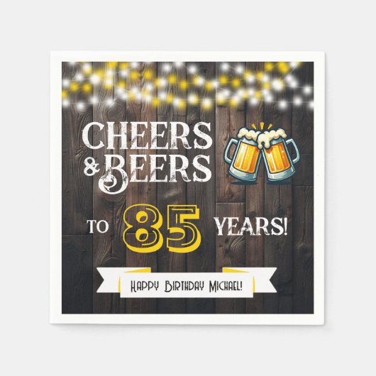 Cheers and Beers to 85 Years Rustic Birthday Party スタンダードカクテルナプキン (正面)