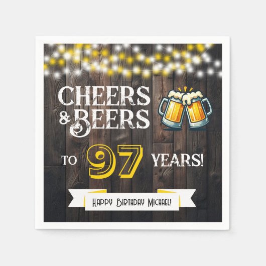 Cheers and Beers to 97 Years Rustic Birthday Party スタンダードカクテルナプキン (正面)