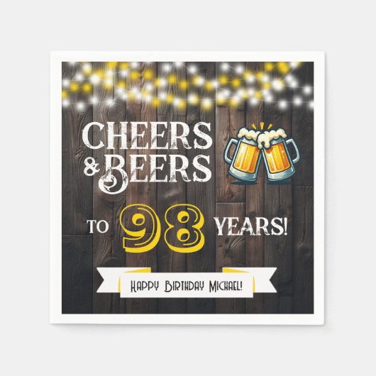 Cheers and Beers to 98 Years Rustic Birthday Party スタンダードカクテルナプキン (正面)