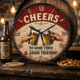 Cheers Beer Rustic Bar Vintage Pub Decor Man Cave ラージ壁時計