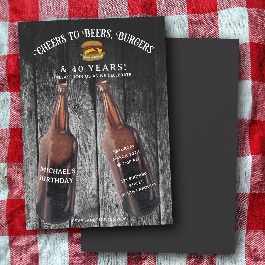 Cheers Beers Burgers 40th Beer Birthday Party 招待状
