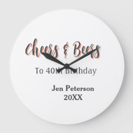 Cheers & beers to 40th birthday gray name year sin ラージ壁時計