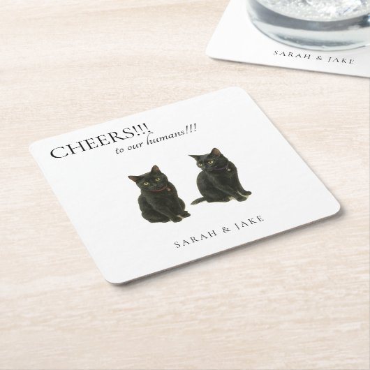 Cheers Custom 2 Cats Black Text Wedding スクエアペーパーコースター (アングル)