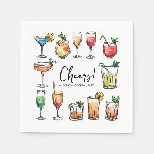 Cheers Doodle Drawing Holiday Cocktail Party スタンダードカクテルナプキン (正面)